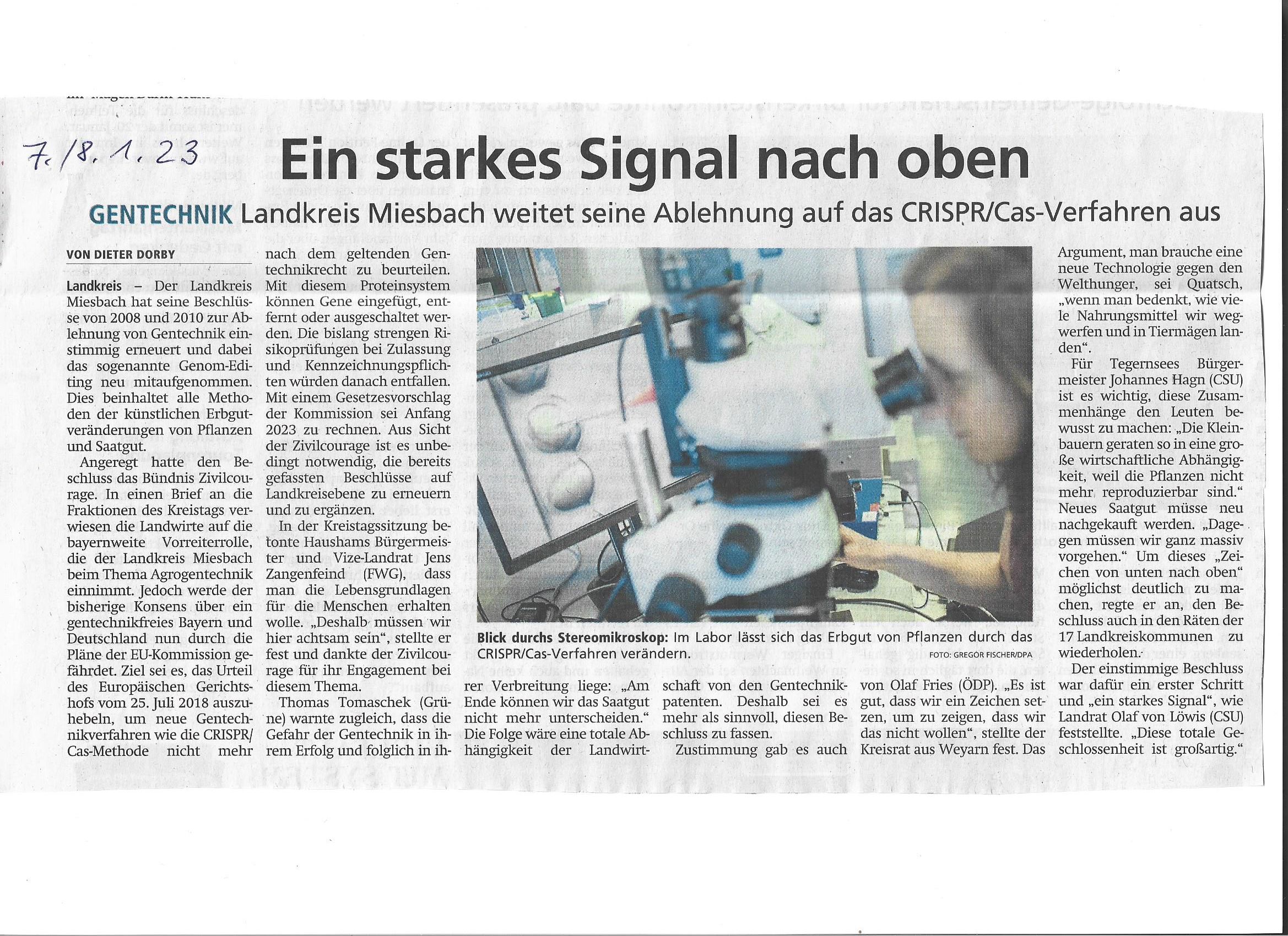 "Ein starkes Signal nach oben. Landkreis Miesbach weitet seine Ablehnung auf CRISPR/Cas-Verfahren aus" vom 07./ 08.01.2023 aus dem Miesbacher Merkur