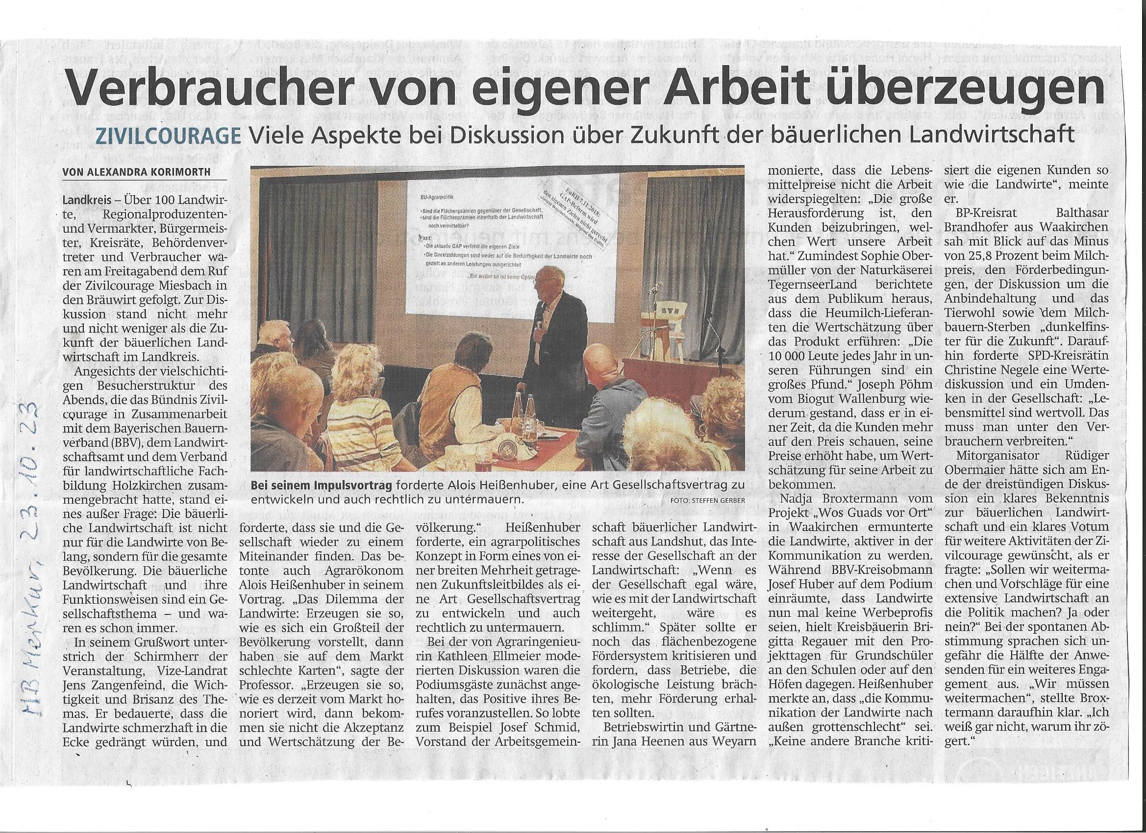 "Verbraucher von eigener Arbeit überzeugen…Zivilcourage…“ vom 23.10.2023 im Miesbacher Merkur